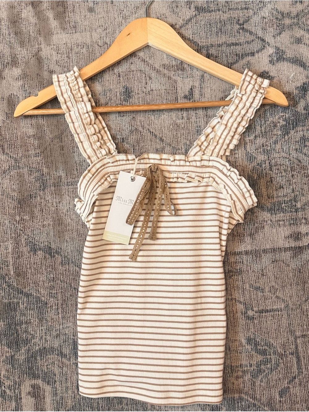 Miss Me Cream and Beige Striped Ruffle Strap Tank